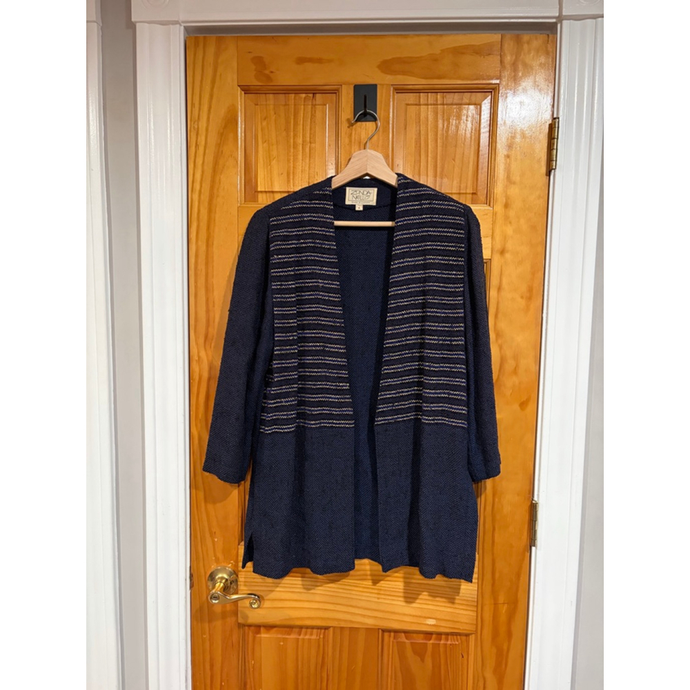 Zonda Nellis Metallic Knit Jacket Women’s Small Blue Gold Open Front Canada